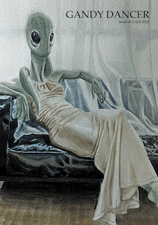 watercolor painting of an alien in an long gown draped on a couch in front of a window