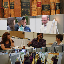 Photo of books, students, faculty